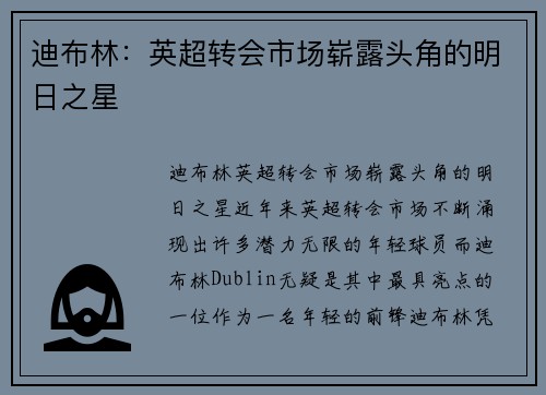 迪布林：英超转会市场崭露头角的明日之星