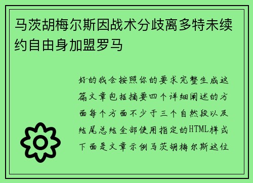 马茨胡梅尔斯因战术分歧离多特未续约自由身加盟罗马