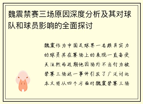 魏震禁赛三场原因深度分析及其对球队和球员影响的全面探讨